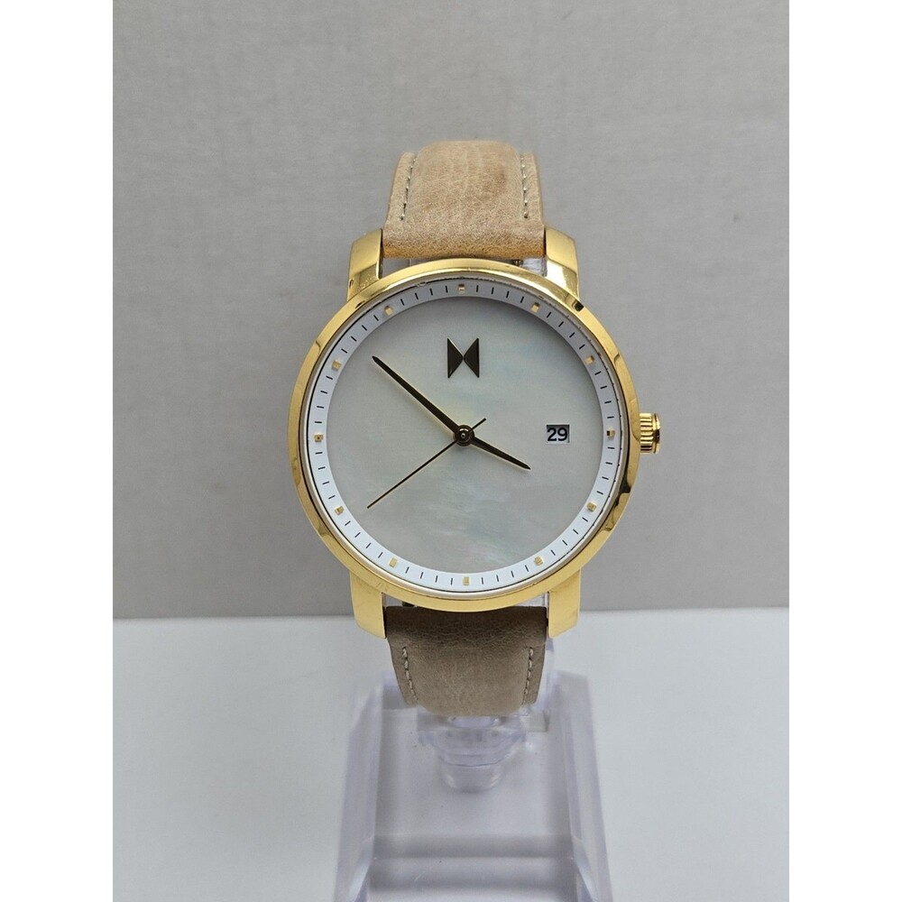 MVMT Womens 38mm Mother Of Pearl Gold Tone Tan Leather Classic Watch New Battery